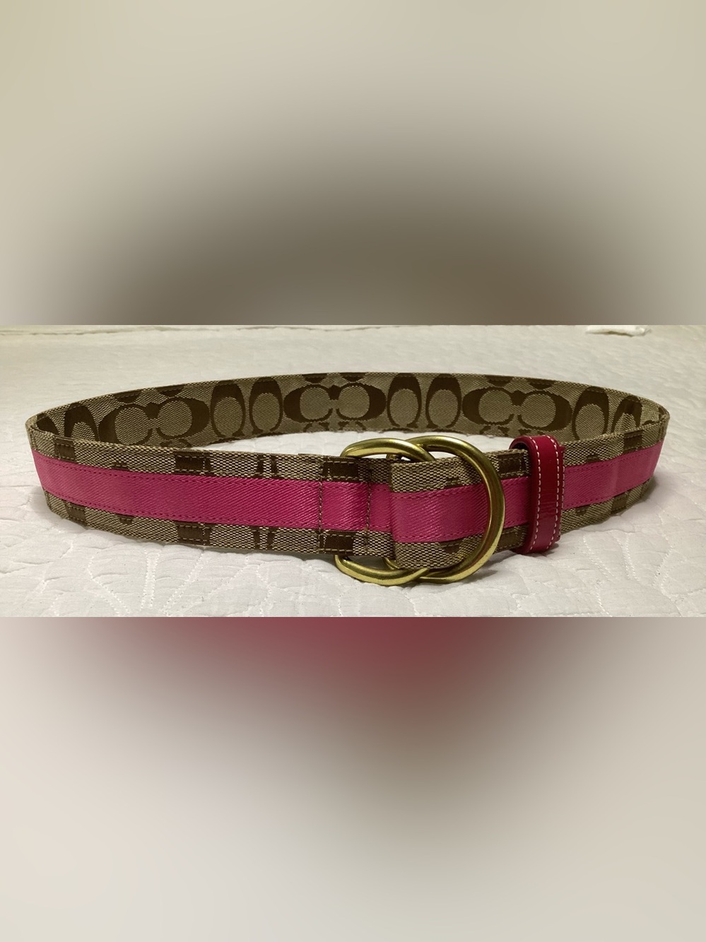 Coach Brown Signature Strap with Pink Center Stripe